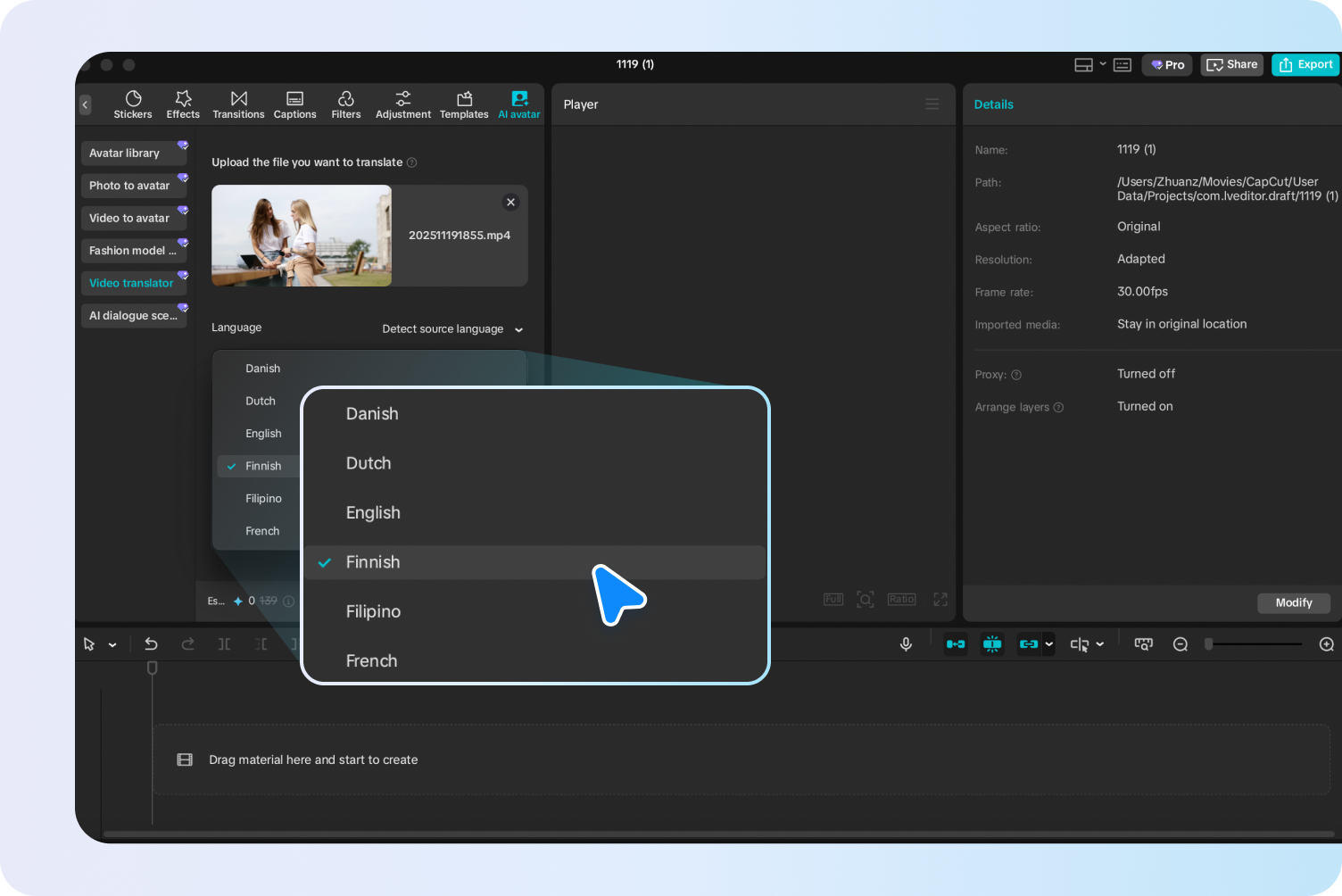 Uploading video to the video translator tool in CapCut