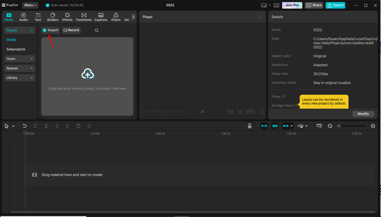 Importing video in the CapCut desktop video editor