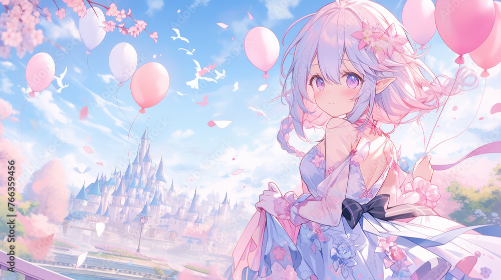 Personaje de anime con colores pastel y fondo de ensueño