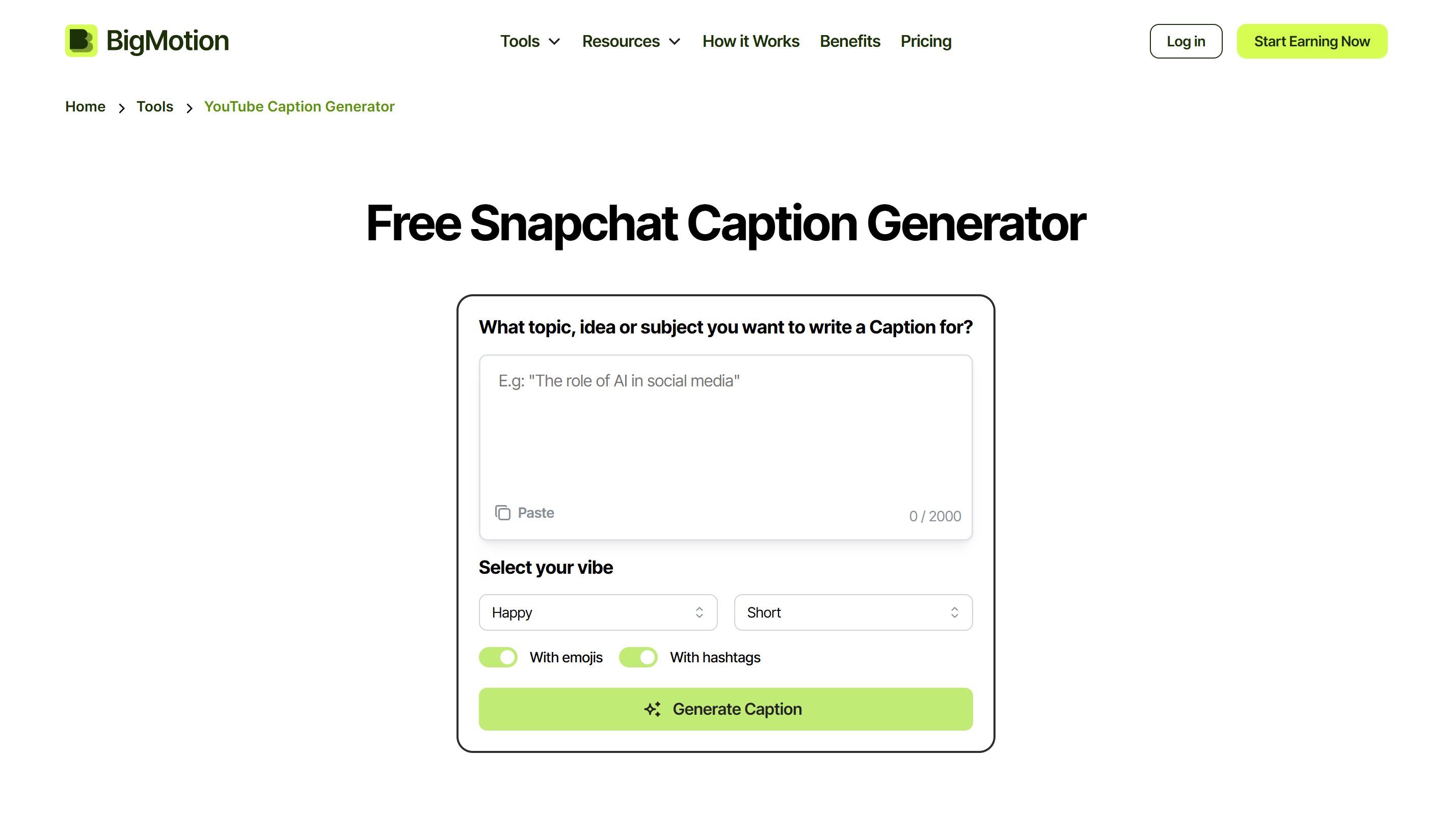อินเทอร์เฟซของ BigMotion - ผู้สร้างคำบรรยาย Snapchat ที่ใช้งานง่าย