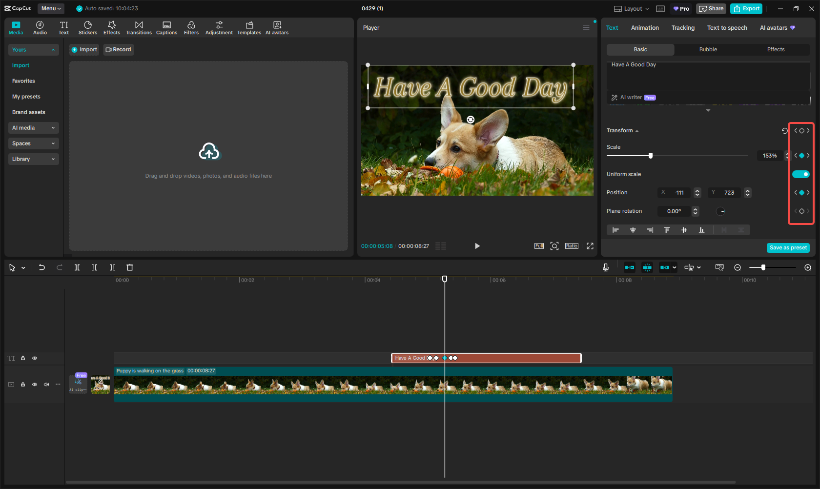 Add keyframes to the text
