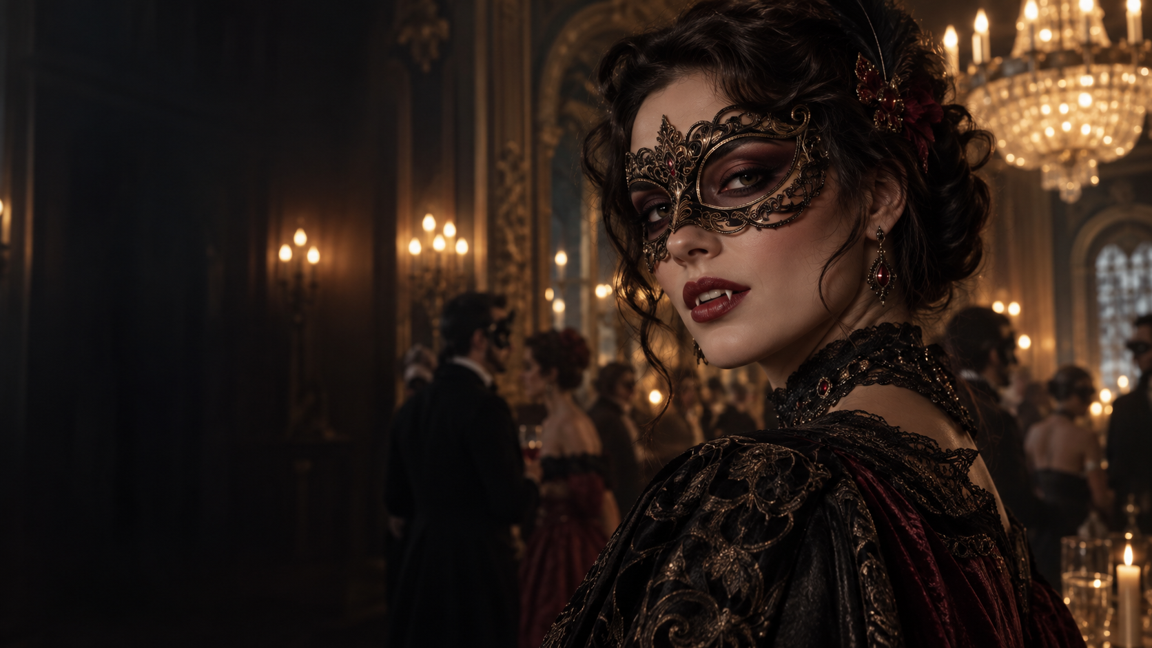 Ritratto di vampiro in maschera: una donna adulta immaginaria in una sala da ballo mascherata con discrete zanne affilate, trucco per gli occhi di sangue di bue, abiti scuri ornati ed eleganti lampadari caldi.