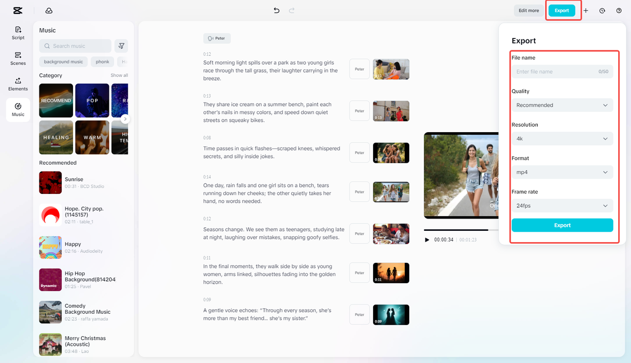 Exporting the video in CapCut