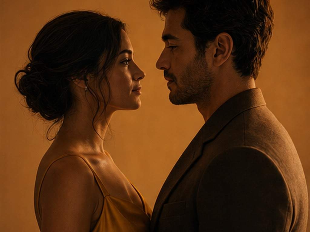 Cinematic Couple Studio Light Photo Prompt prompt example 3 - Warm amber profile