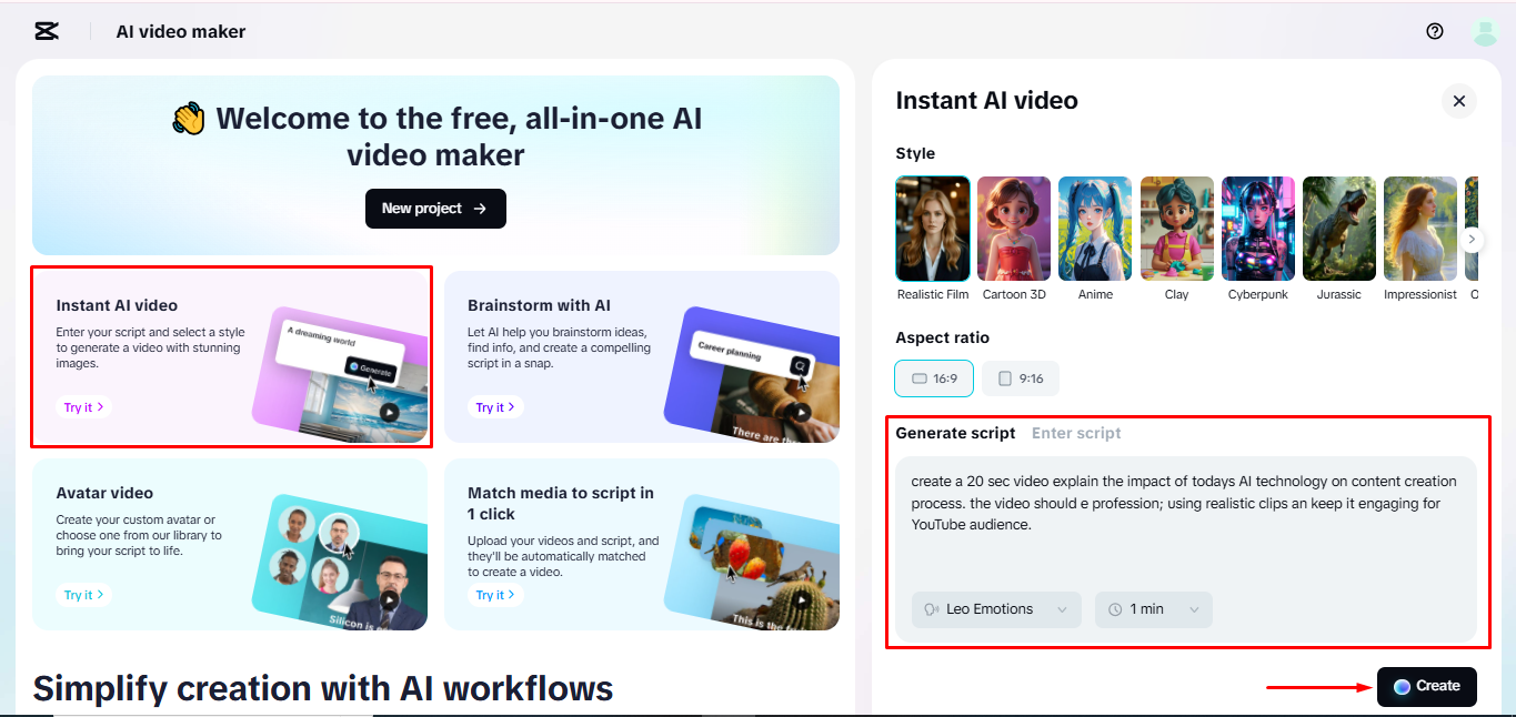 Eingabe eines Skripts mit CapCut's AI Video Maker