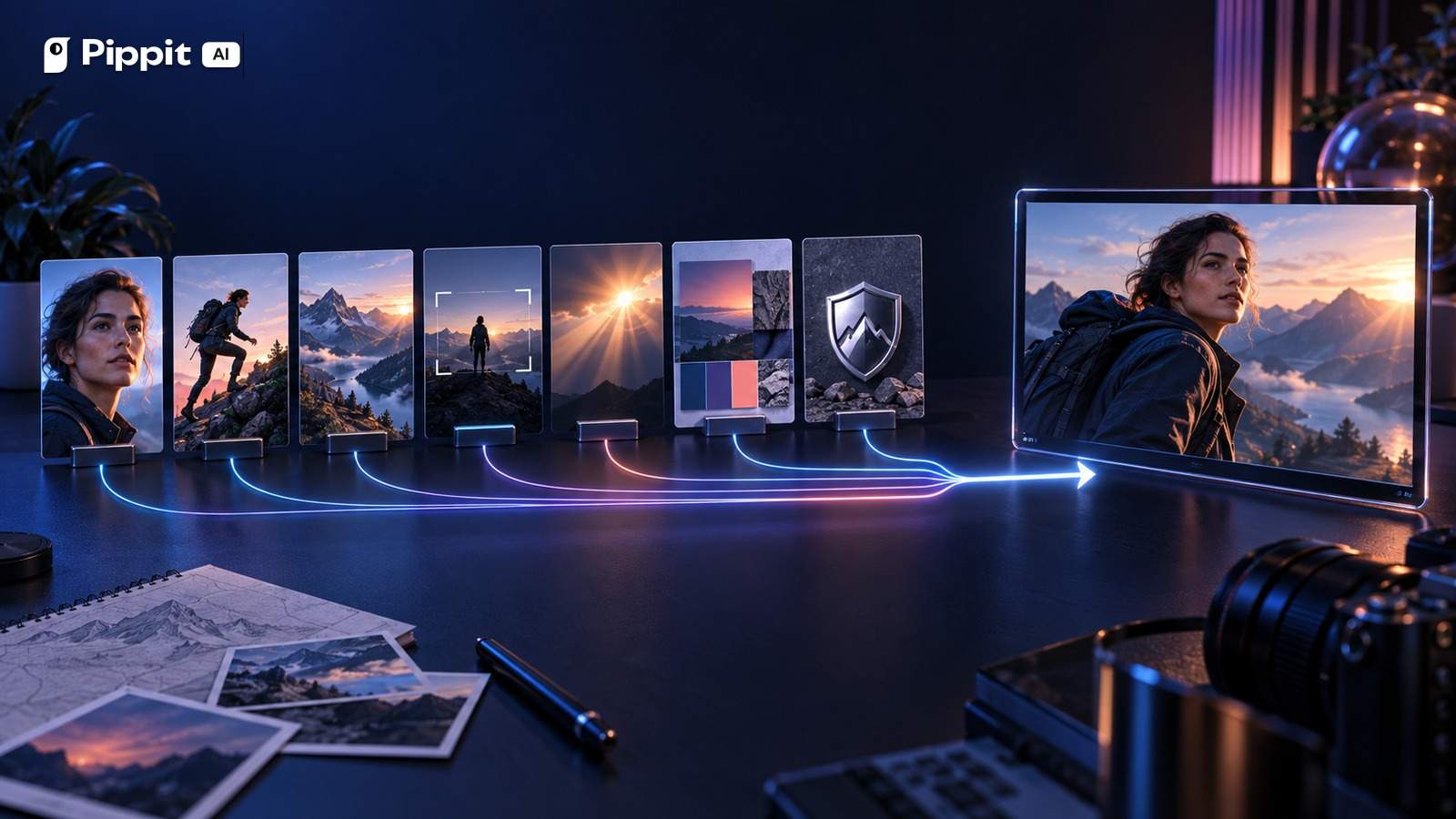 Six visual building blocks of an AI video prompt arranged around a central video frame.