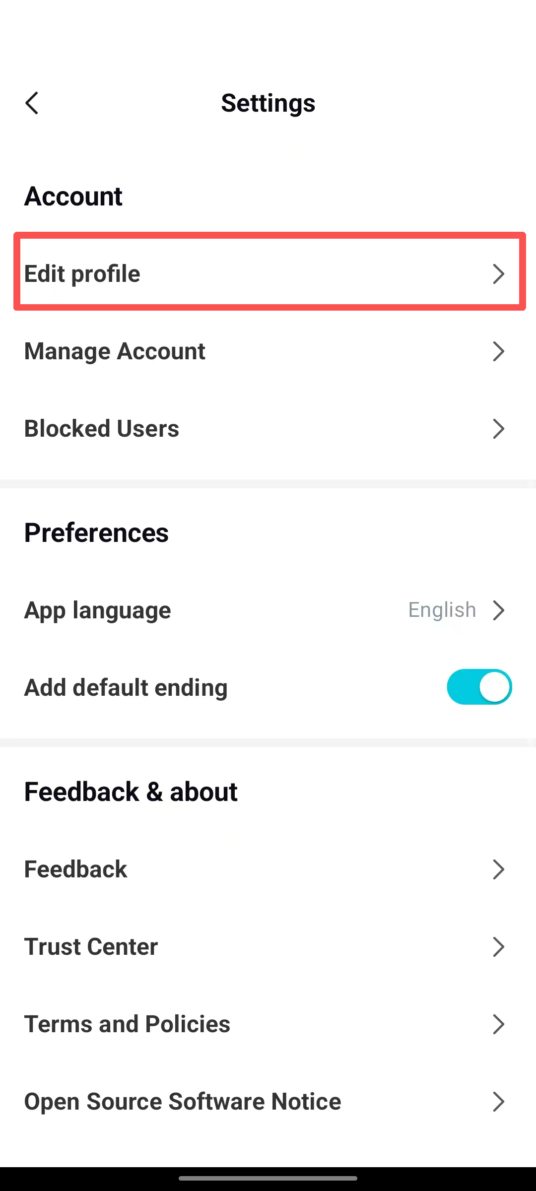 "Edit profile" in personal settings