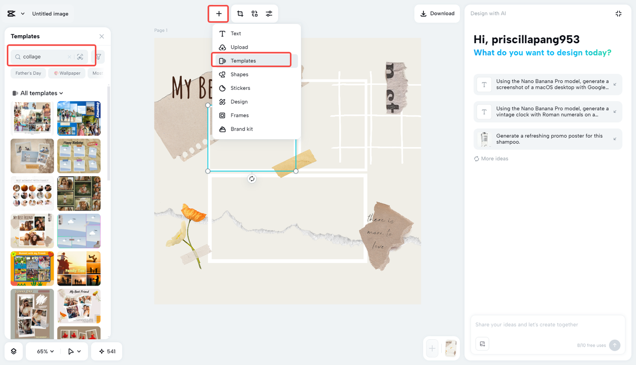 Choose an image collage template in CapCut