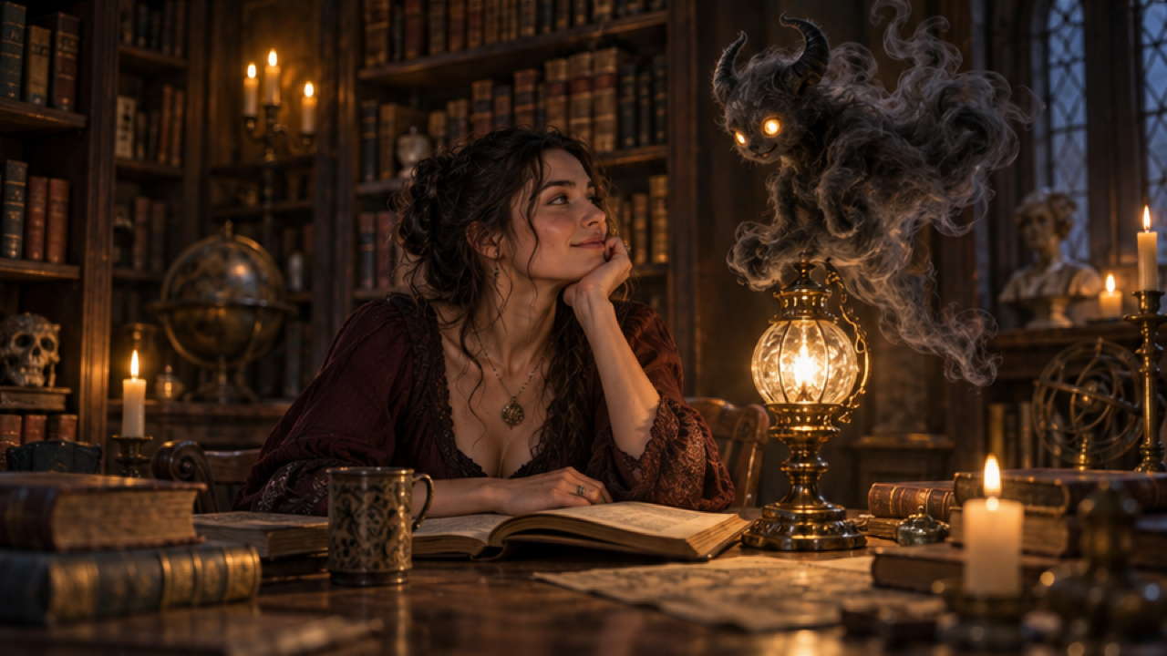 An adult woman at a wooden table in an old library, a small friendly smoke demon floats above a lamp, warm candlelight and detailed books without titles