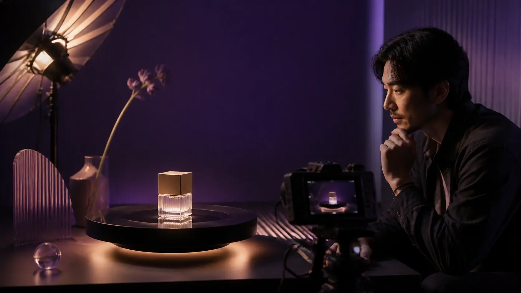 Man filming a perfume bottle on a lit tabletop set with purple lighting