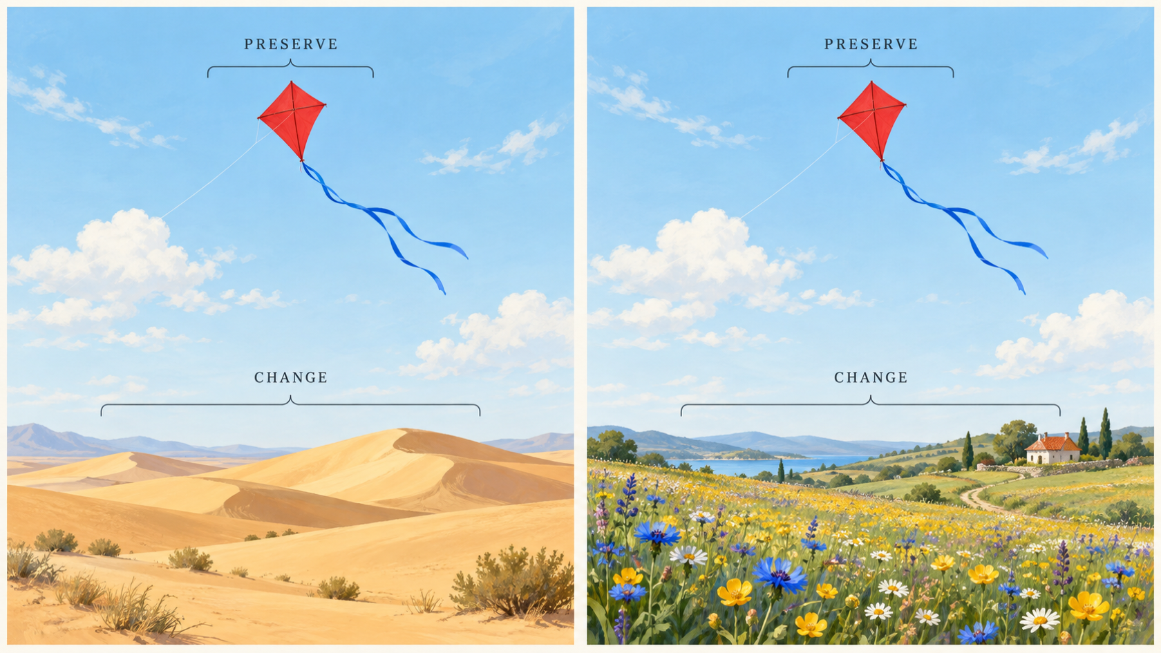 Preserve and change diagram for a red kite and wildflower transformation