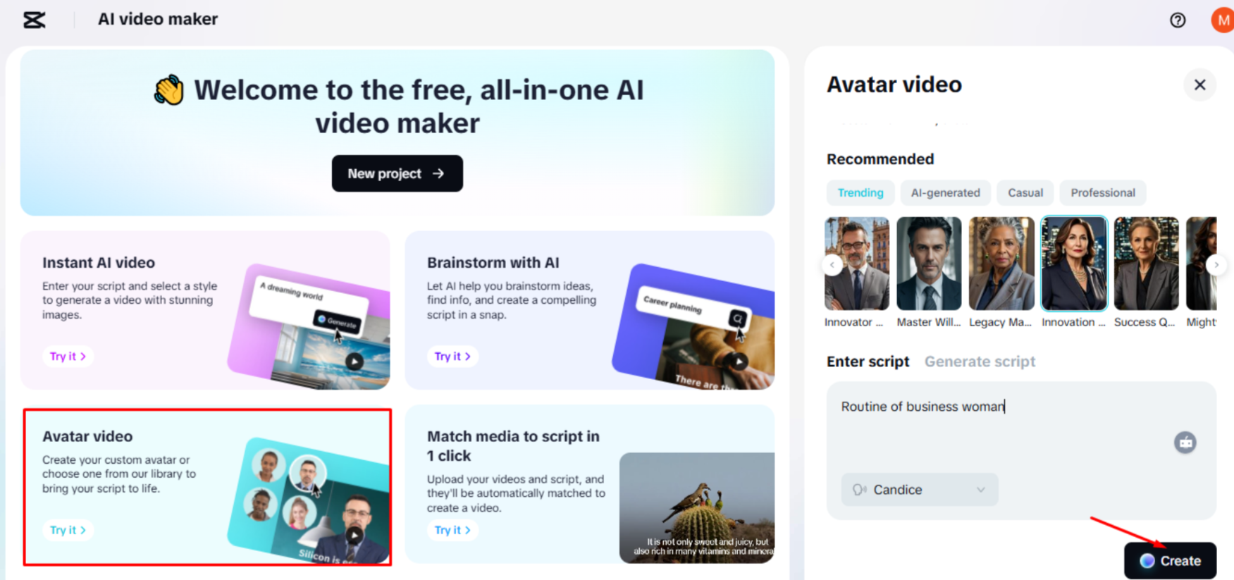 Generating the script and a video on the CapCut Web