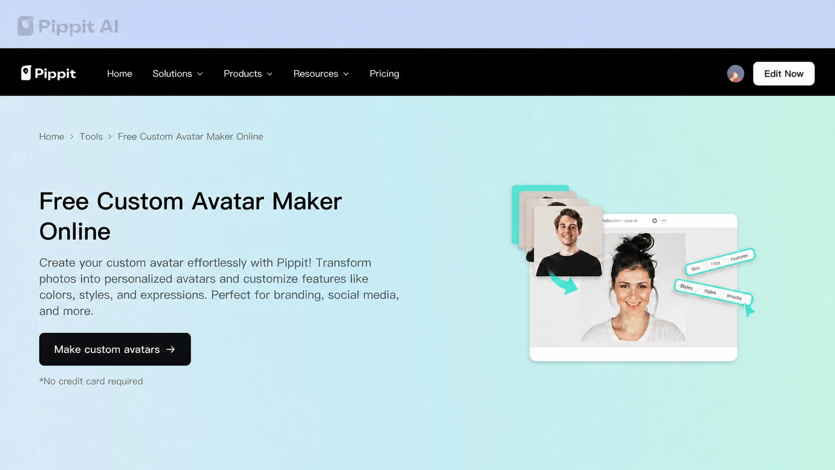 Pippit custom avatar route showing a photo-based input