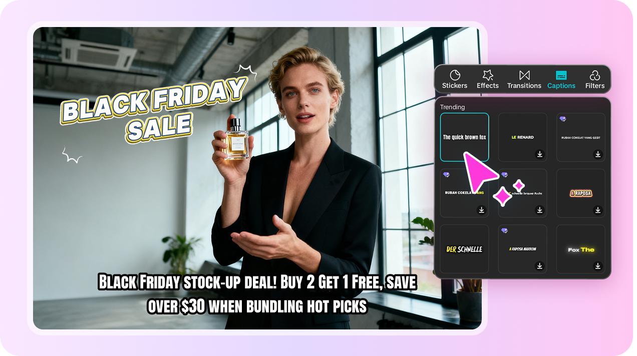 Add animated text to emphasize Black Friday promotions and marketing tactics