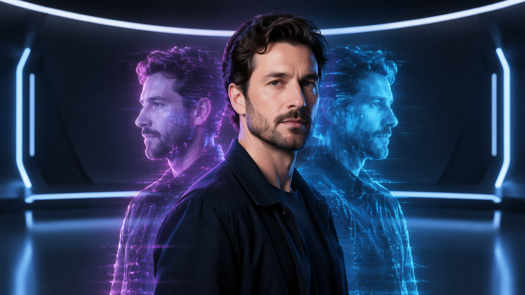 Dreamina 3D Hologramm Filter Prompt Beispiel 5: Neon Duplicate Portrait