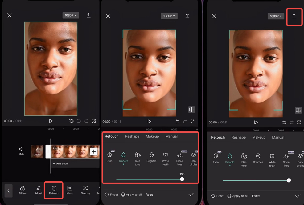 Interface de Facetune - l'application de montage vidéo visage parfaite