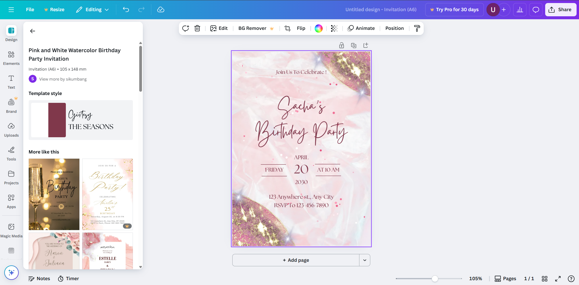Вибір шаблону дизайну у редакторі запрошень Canva