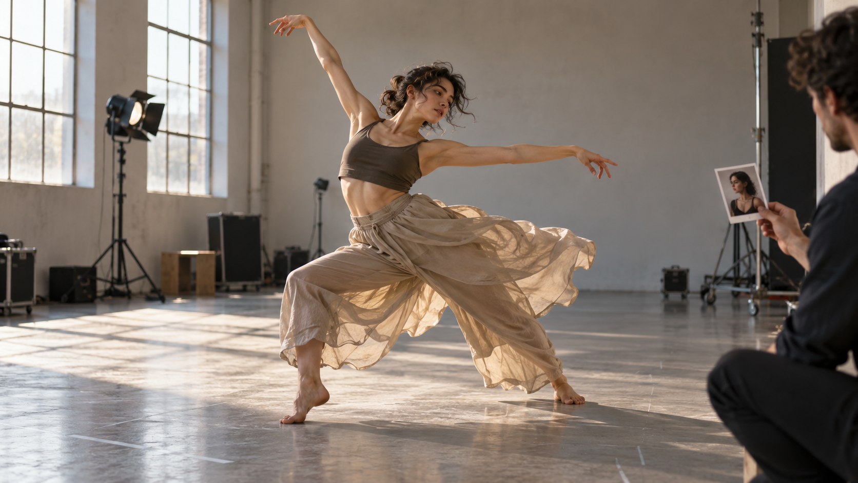 Contemporary dancer performing a controlled movement in a daylight film studio