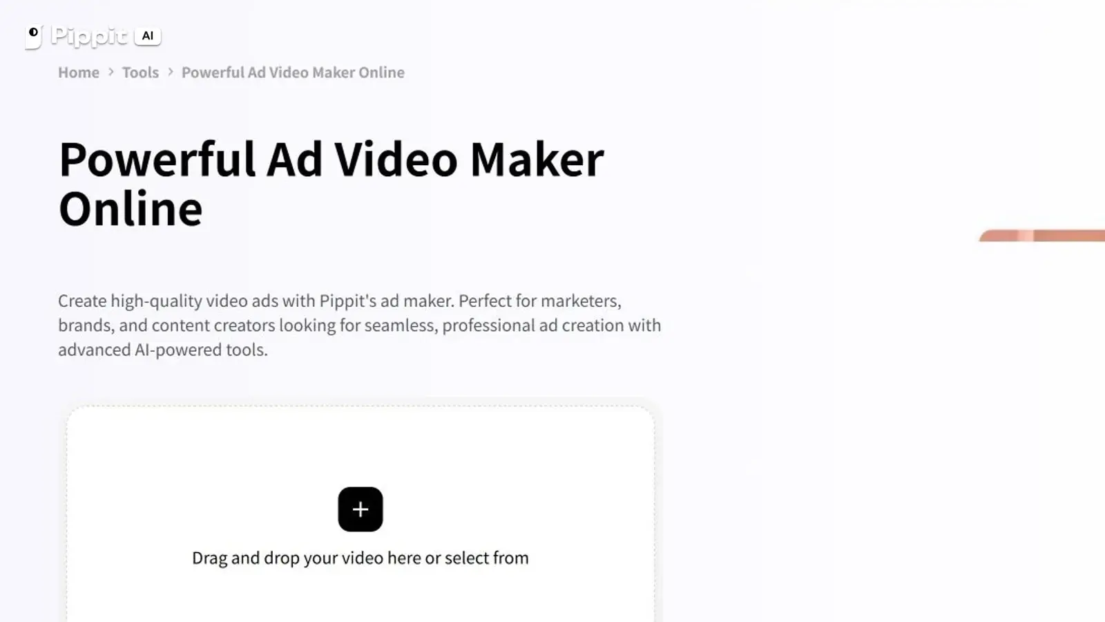 The current Pippit AI ad video maker page showing product link and media entry options.