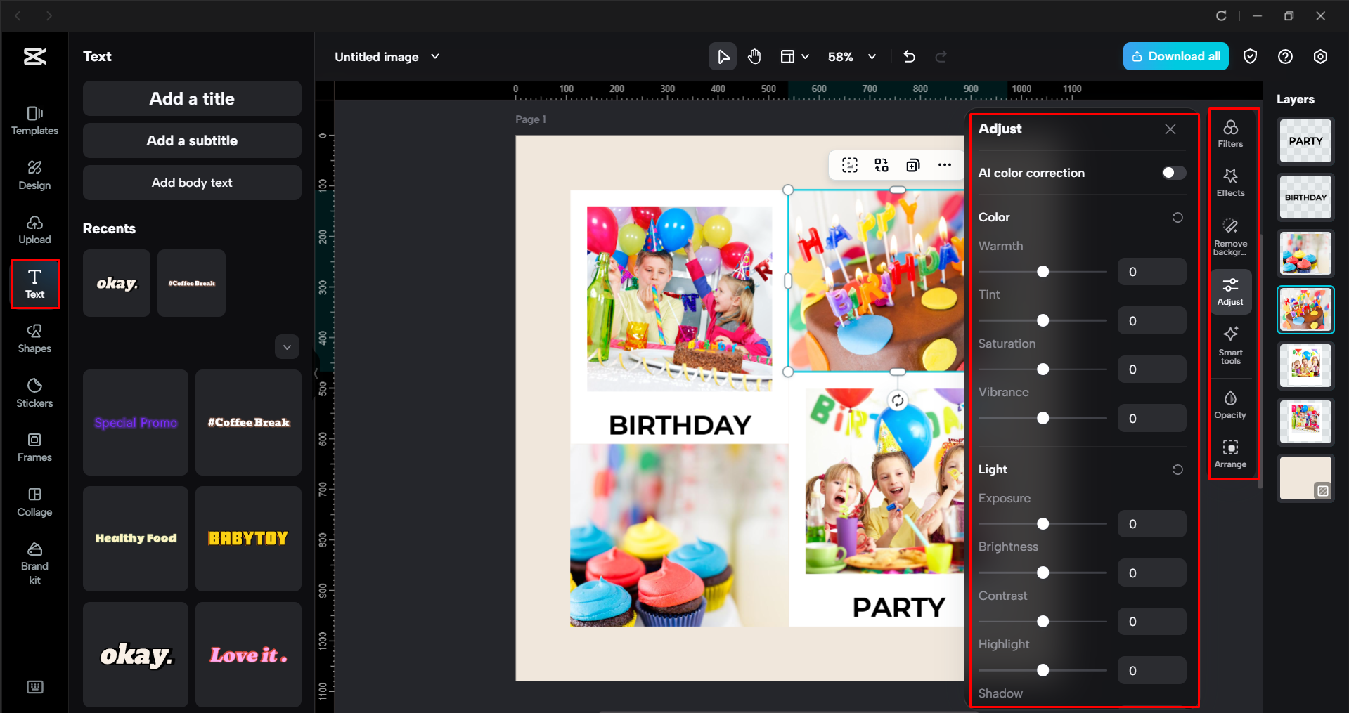Editing the birthday background image in the CapCut desktop video editor