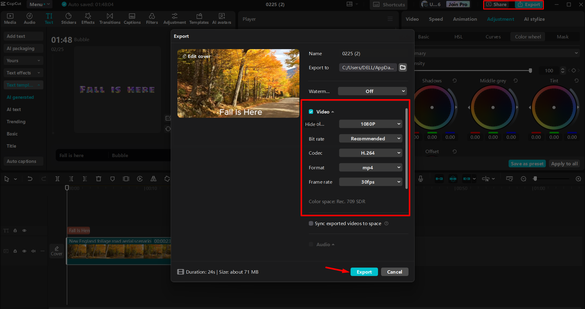 Exporting a video from the CapCut desktop video editor
