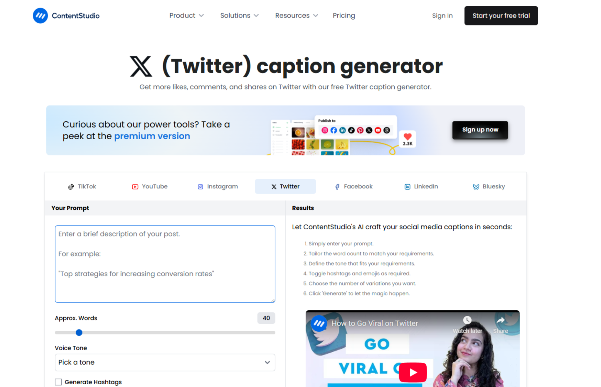 Interface of ContentStudio - a user-friendly Twitter post generator