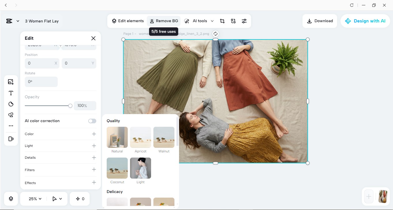 Interface of the CapCut desktop video editor to generate a flatlay image