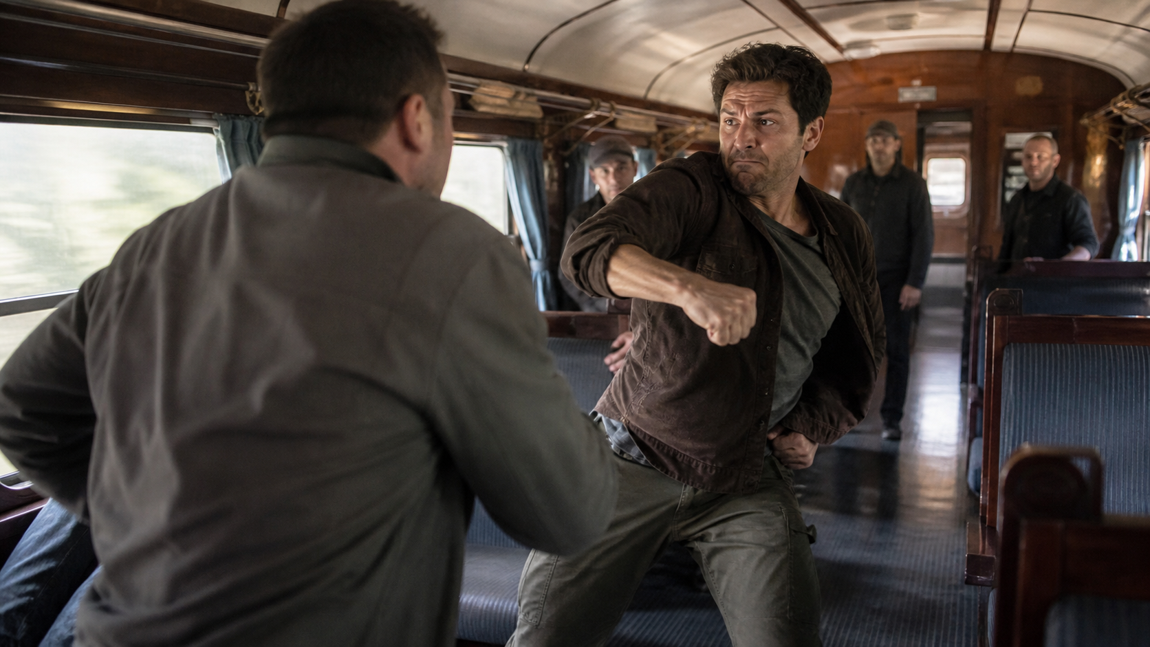 Action Fighting on Train AI Video prompt example 1 - Action Fighting on Train studio scene