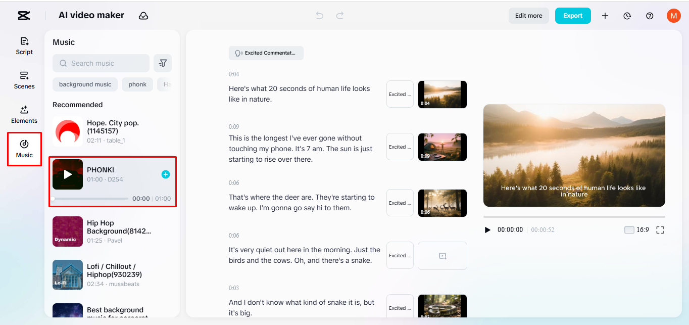 Adding background music to the video using CapCut's AI video maker