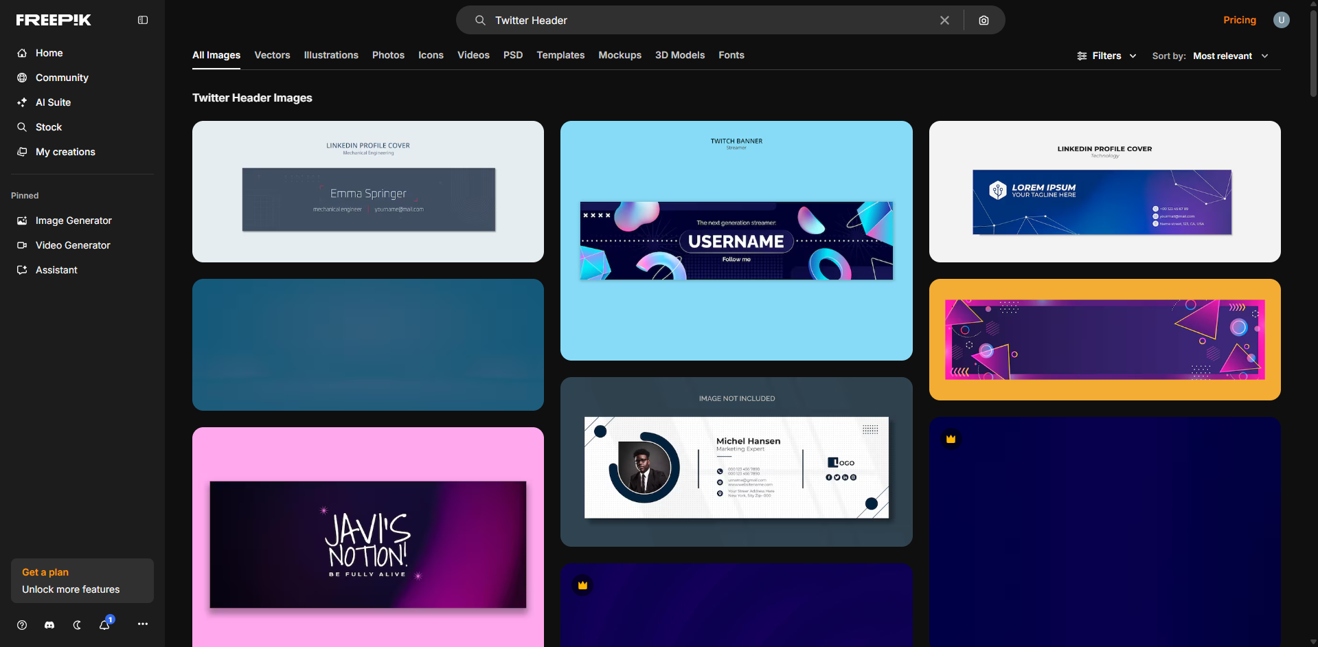 Interface of Freepik - a useful tool for editing Twitter header pictures