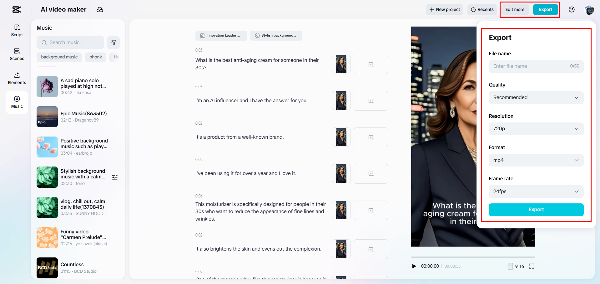 Exportieren eines Videos aus CapCut Web
