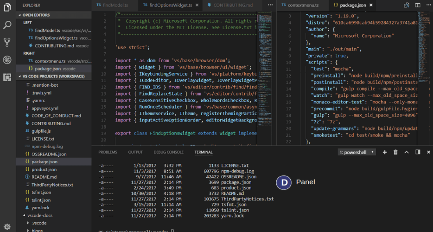Visual Studio Code is shown with the file explorer, source code editor, minimap, and terminal panels.