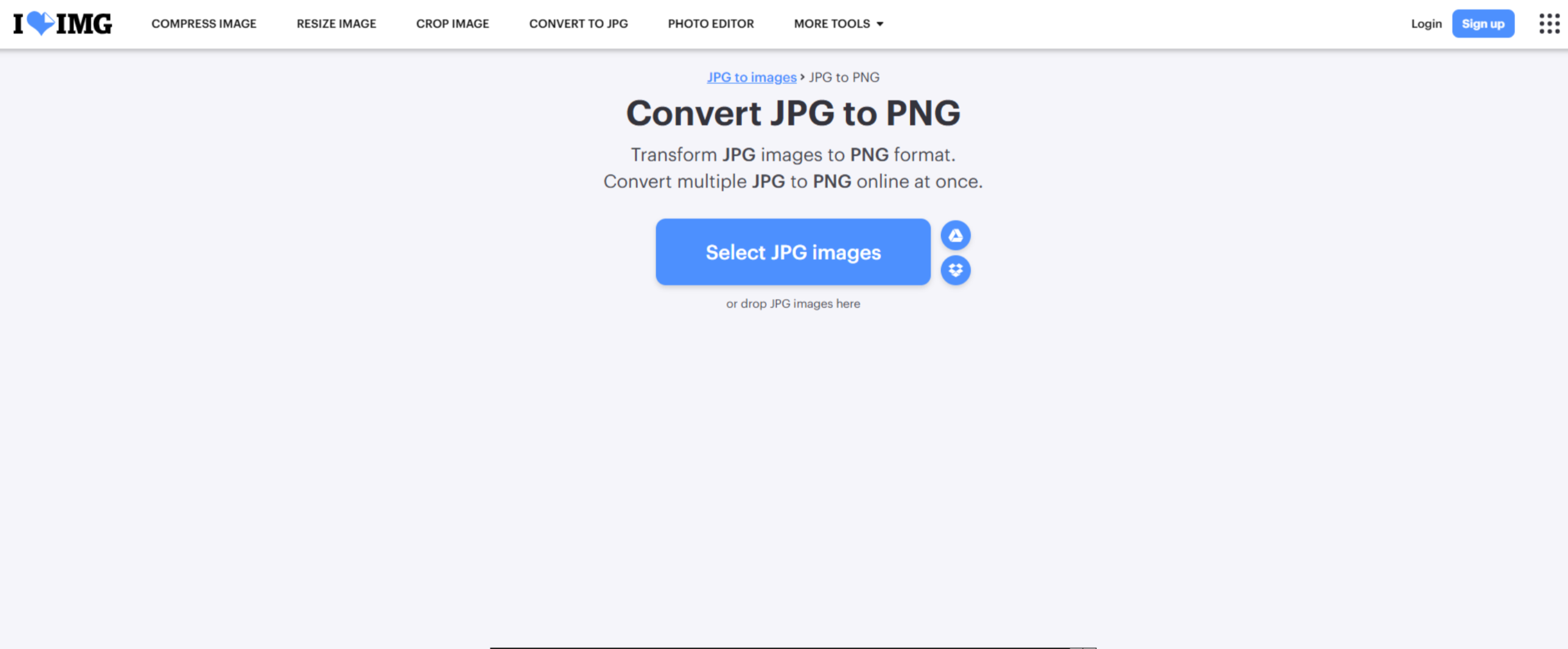 Interface of iLoveIMG - an efficient online JPG to PNG converter