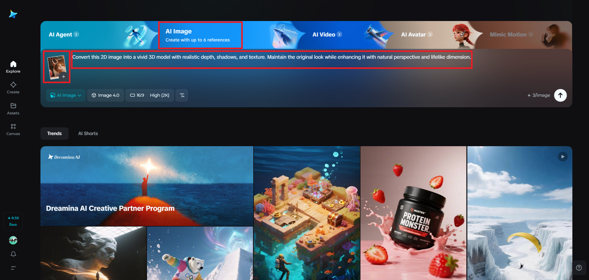 Upload your 2D image and write a prompt