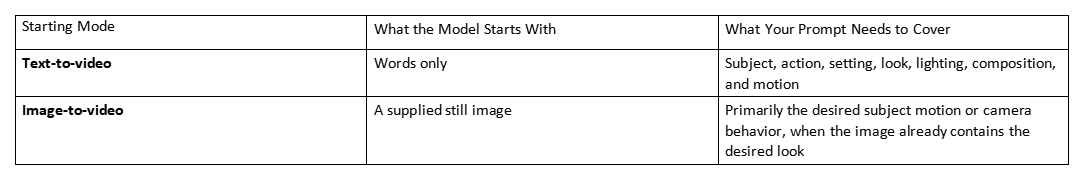 Table comparing text-to-video and image-to-video prompts and what each needs to cover.