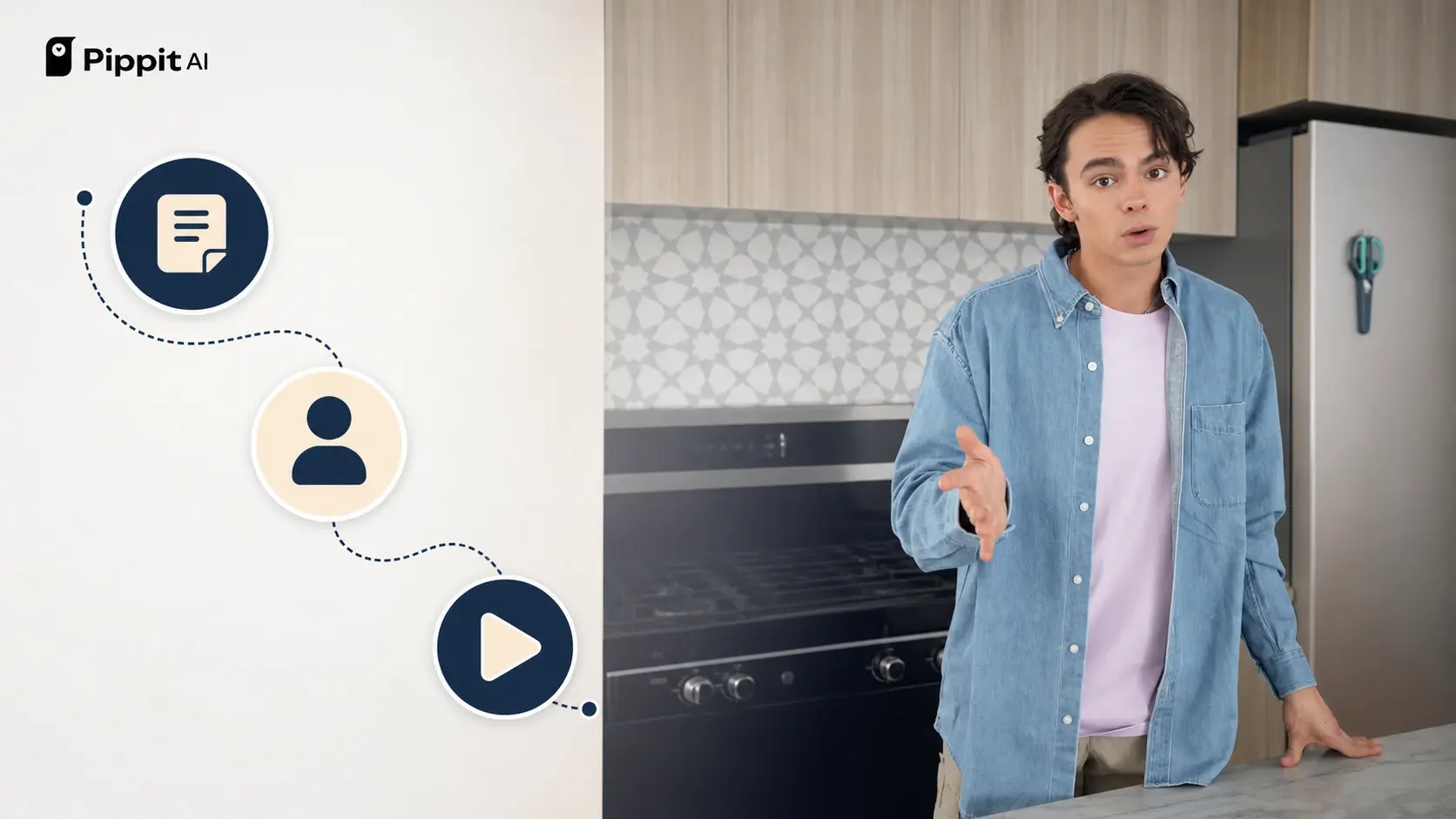 Man in a kitchen beside icons showing script, avatar, and play steps