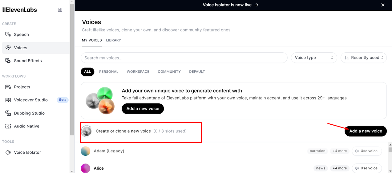 ElevenLabs platform na nagpapakita ng voice cloning at synthesis feature nito.