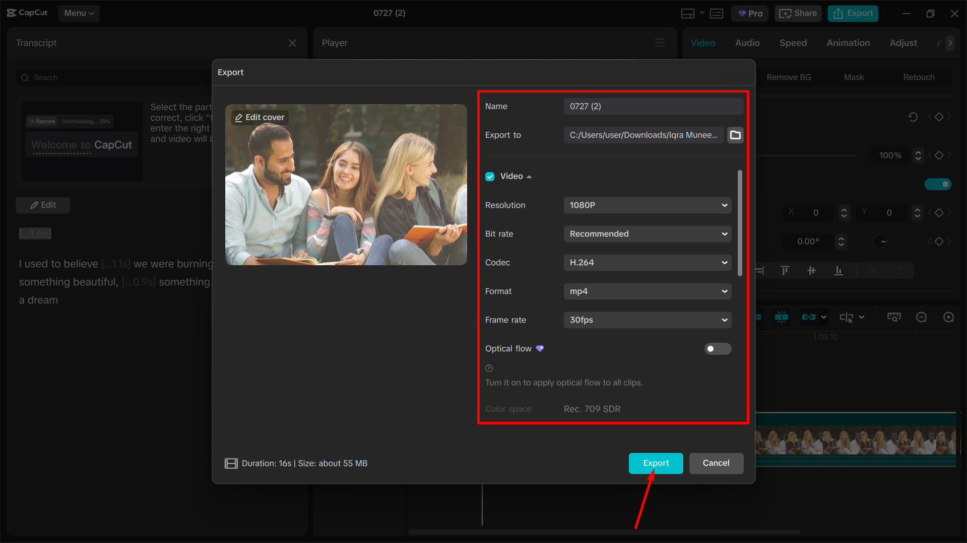 Exporting the media from the CapCut desktop video editor