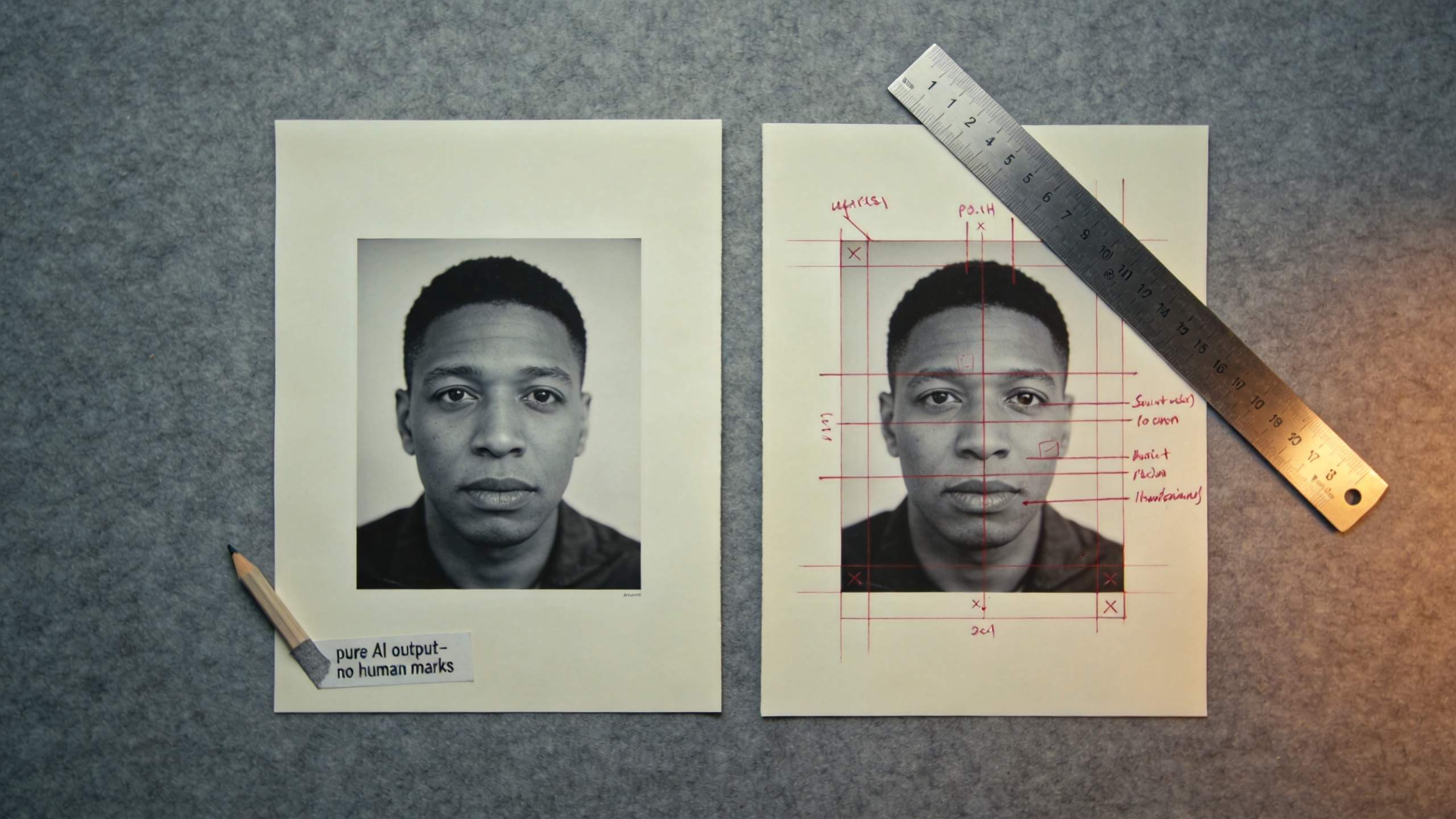 Two printed portrait drafts on a desk, one marked with ruler lines and red annotations