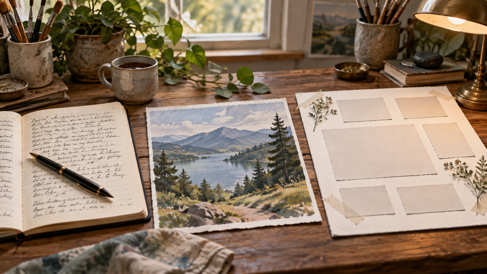 A text-led card painted landscape reference and paper layout board arranged as three physical control methods