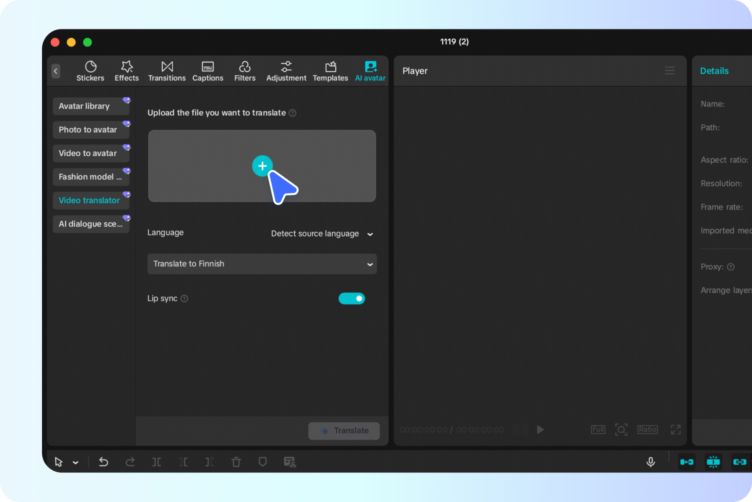 Accessing the video translator tool in CapCut