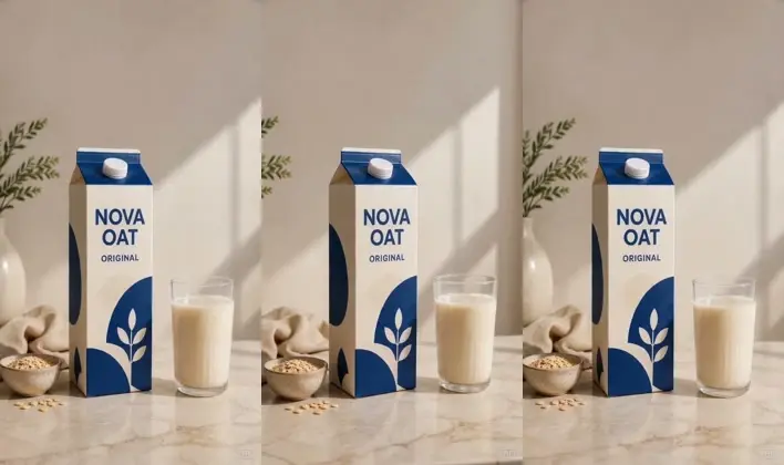 Tři srovnatelné pohledy na krabici NOVA OAT vedle sklenice ovesného mléka