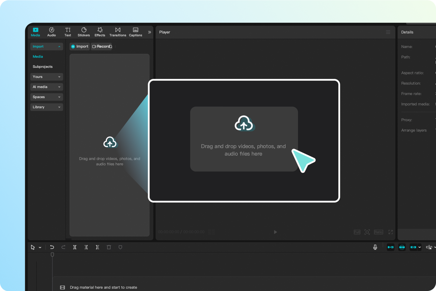 Subiendo medios al CapCut potenciador de video de IA