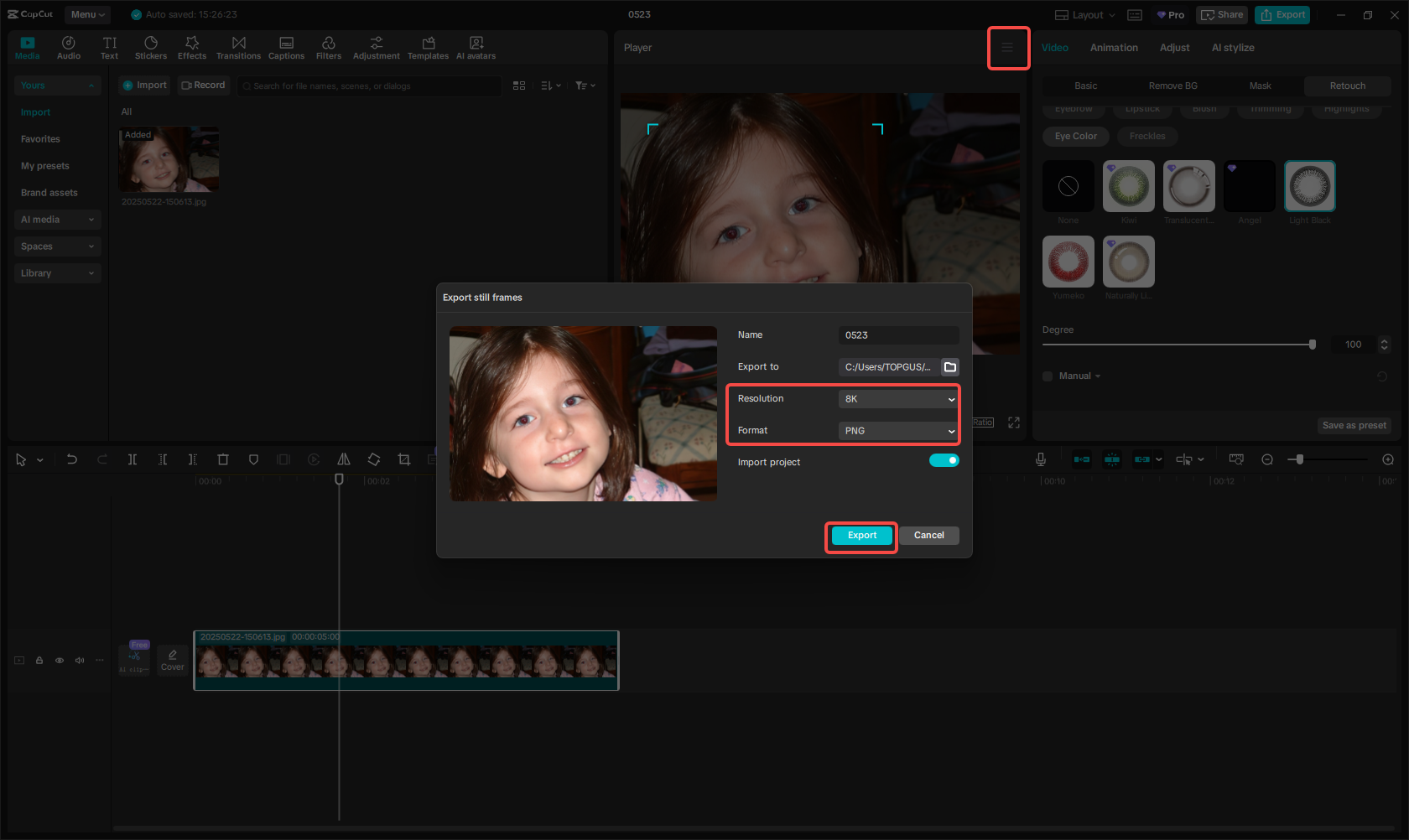 Exporting the image in CapCut