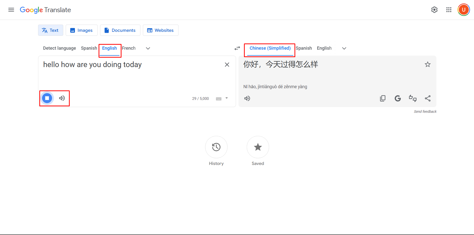 Showing how to translate English to Chinese with Google Translate