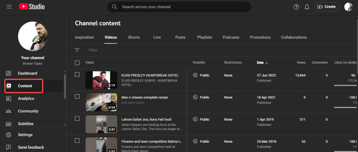 YouTube Content interface