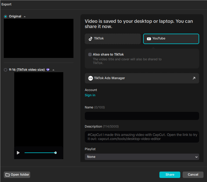 Share edited video to YouTube