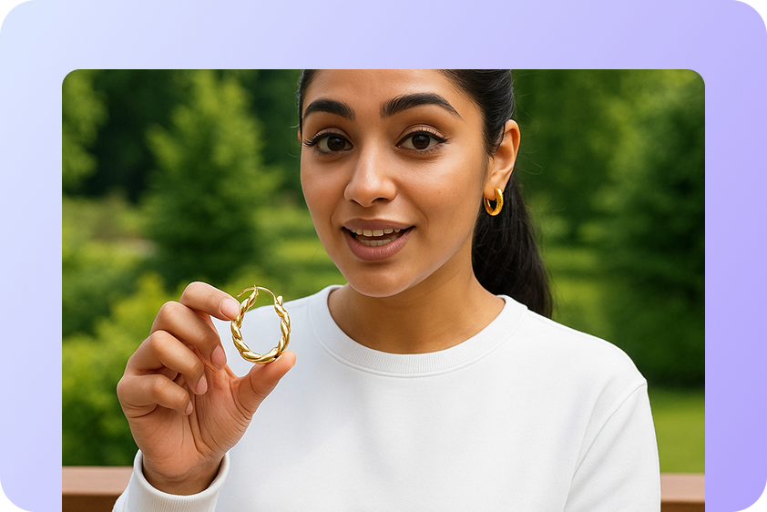 Earrings displayed on a lifelike virtual model for preview.