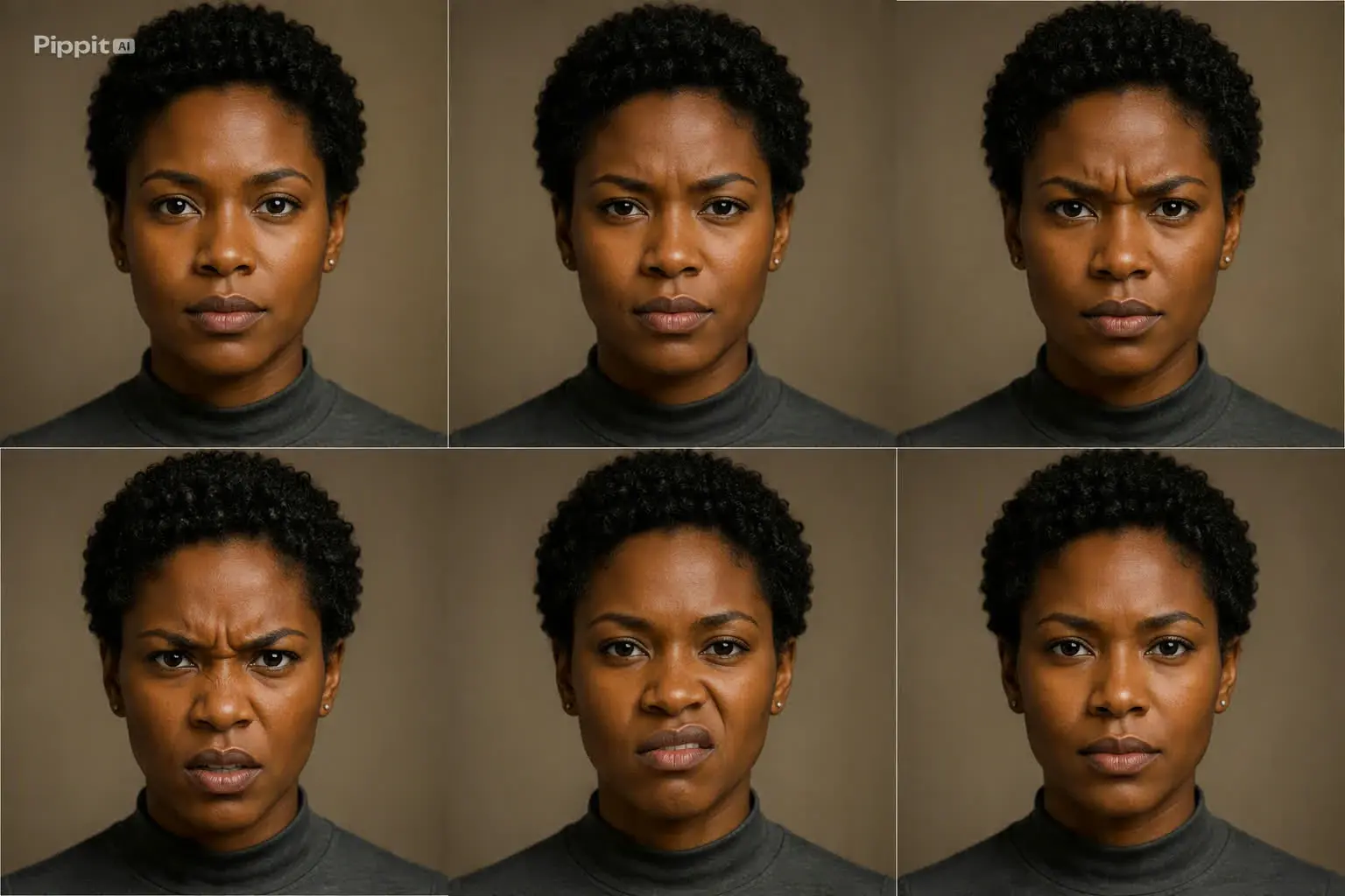 Six portraits show a woman's expression shifting from calm to angry.