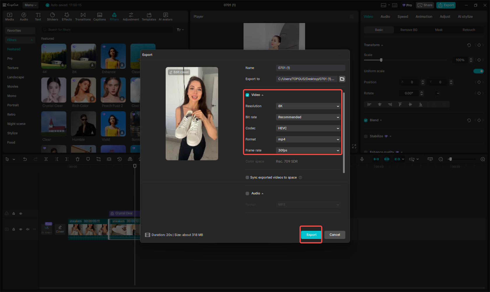 ייצוא הסרטון ב- CapCut